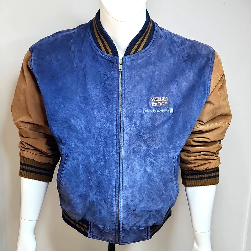 PORT AUTHORITY VINTAGE SUADE BOMBER LEATHER JACKET, LARGE, BLUE AND BROWN